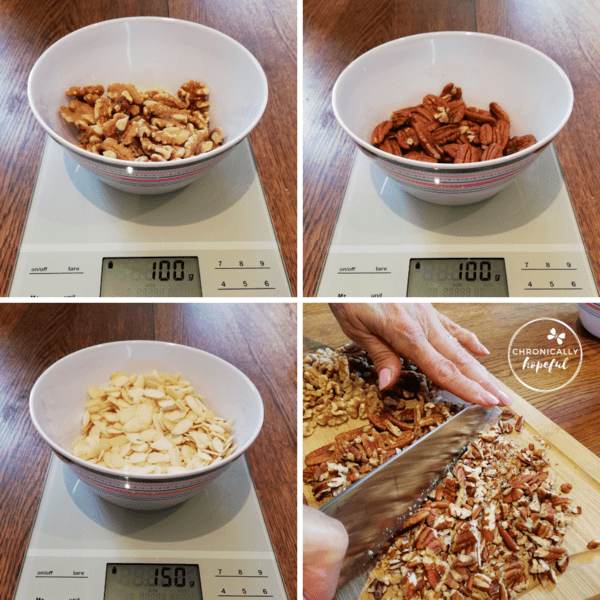 Walnuts, Pecans, Almonds being measured and chopped
