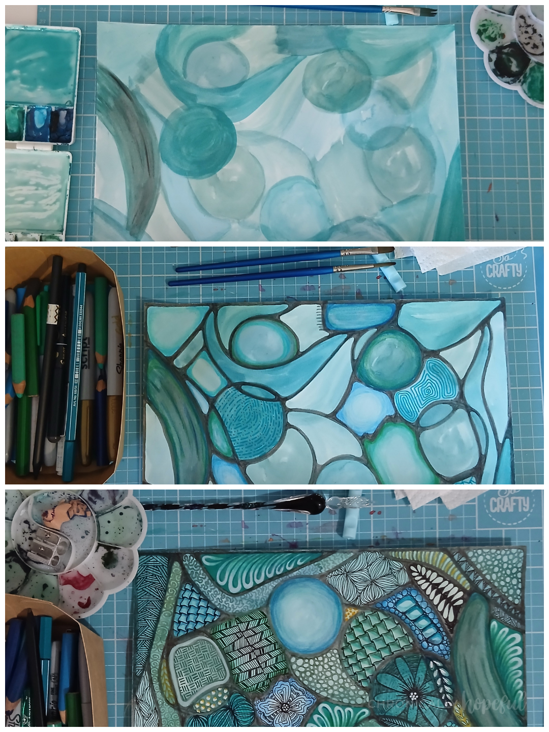 The three stages of decorating this gouache painting
