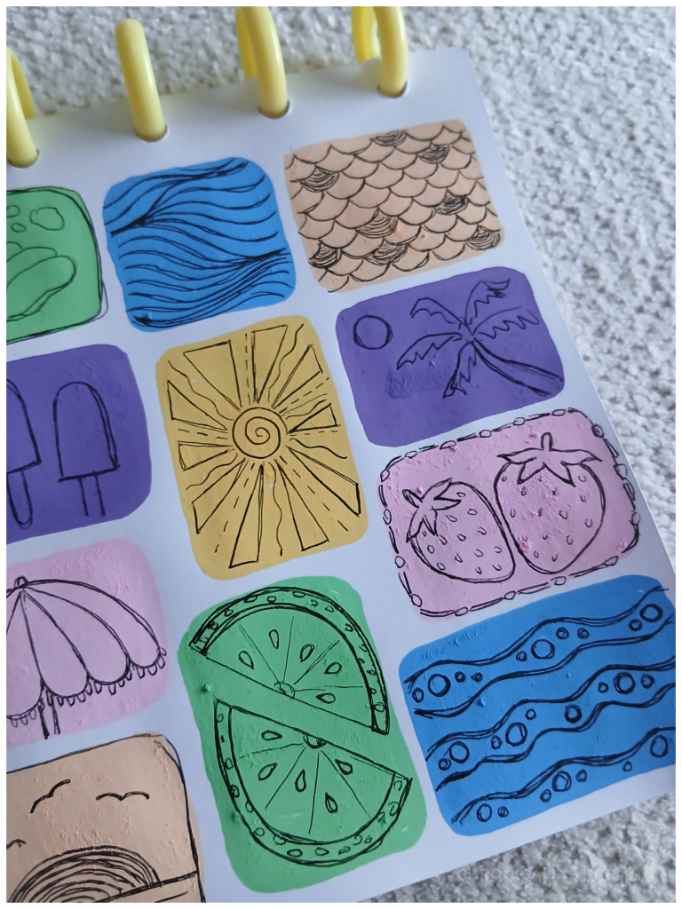 Seaside doodles on acrylic paint shapes
