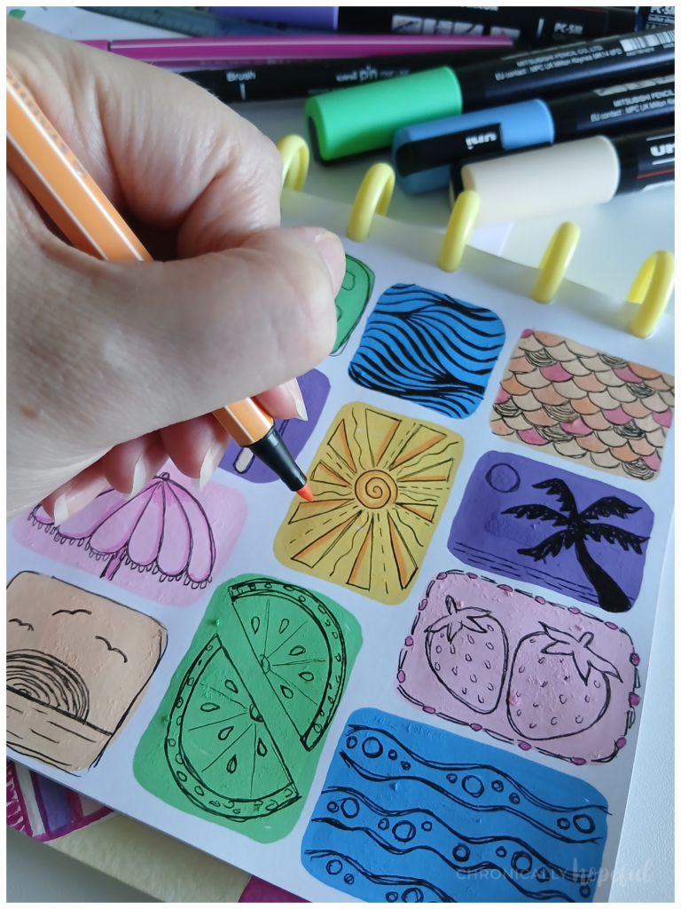Seaside doodles on acrylic paint shapes