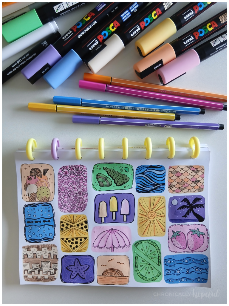 Seaside doodles on acrylic paint shapes