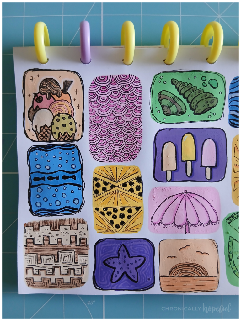 Seaside doodles on acrylic paint shapes