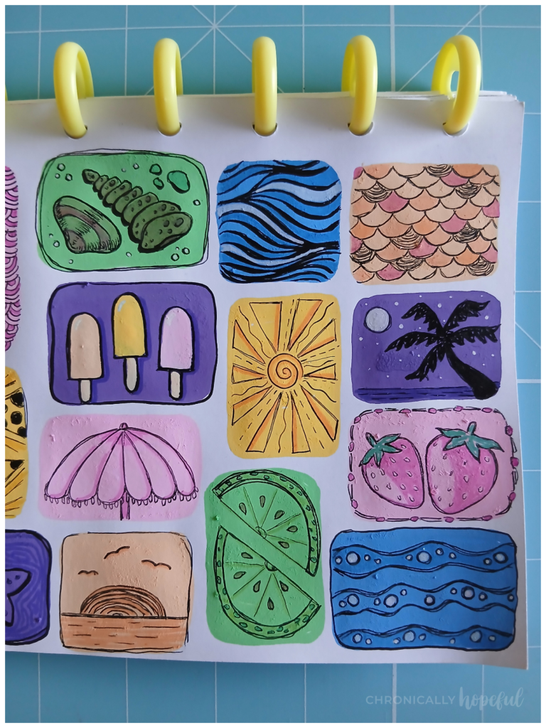 Seaside doodles on acrylic paint shapes