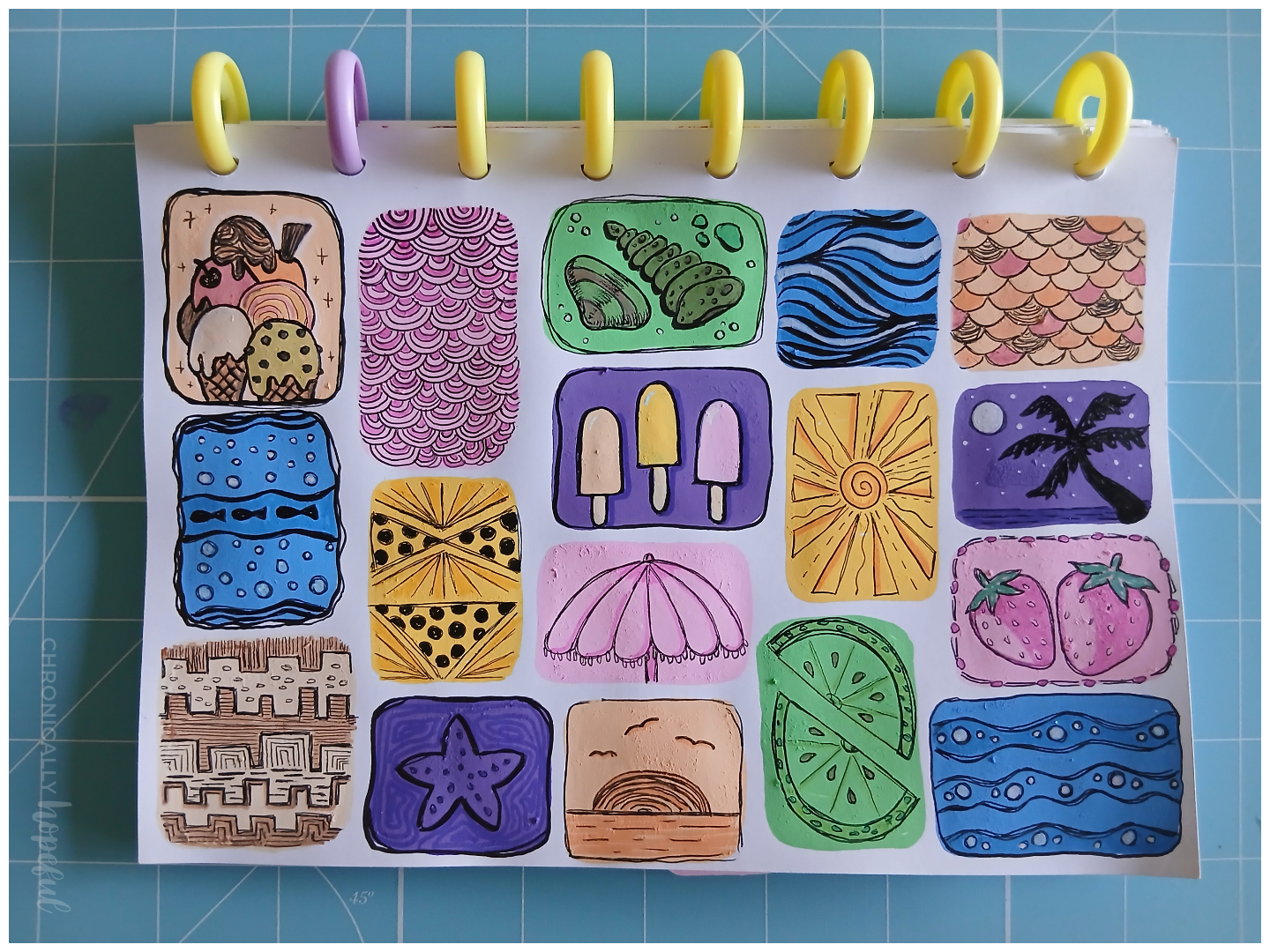 Seaside doodles on acrylic paint shapes