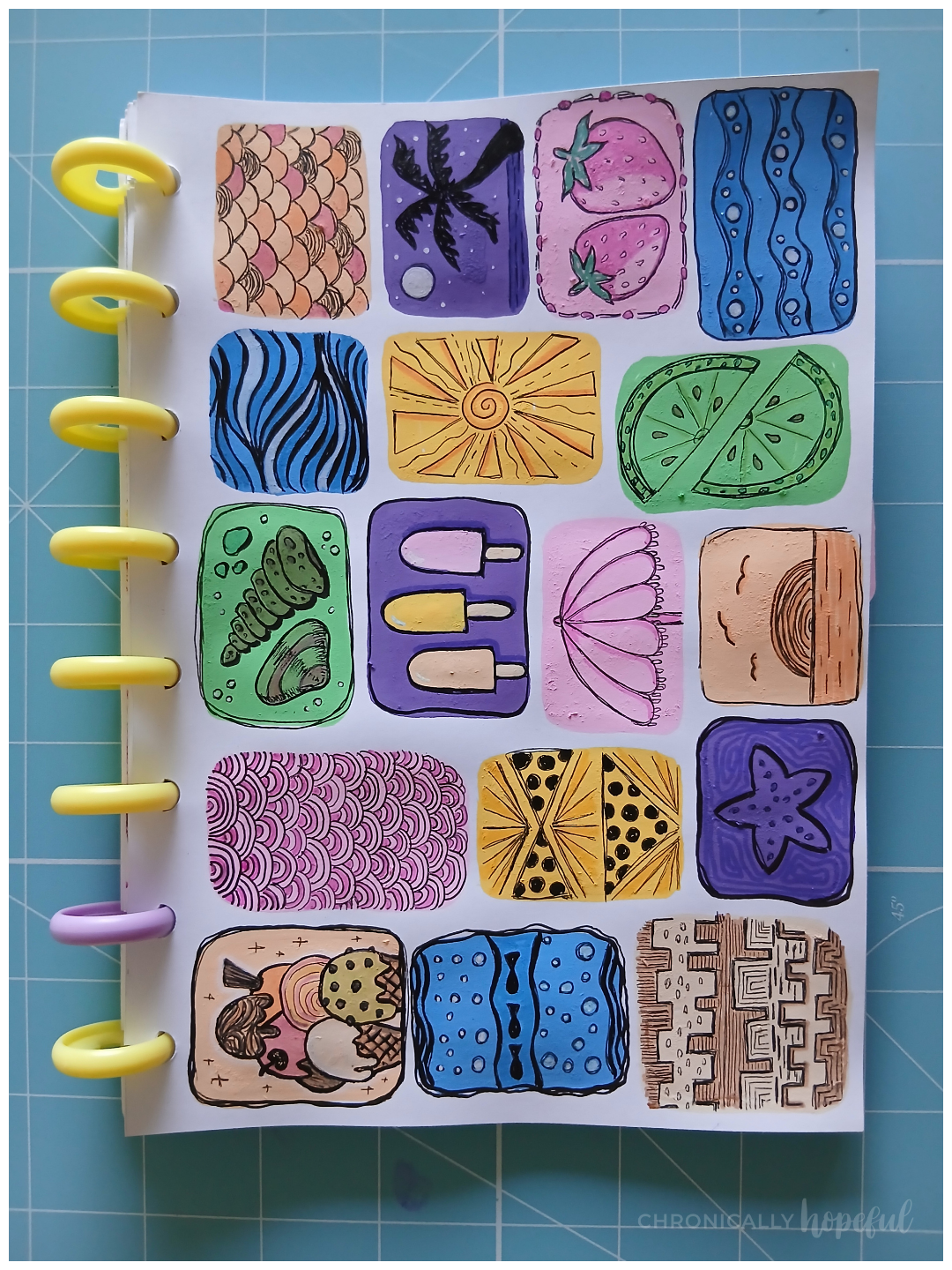 Seaside doodles on acrylic paint shapes