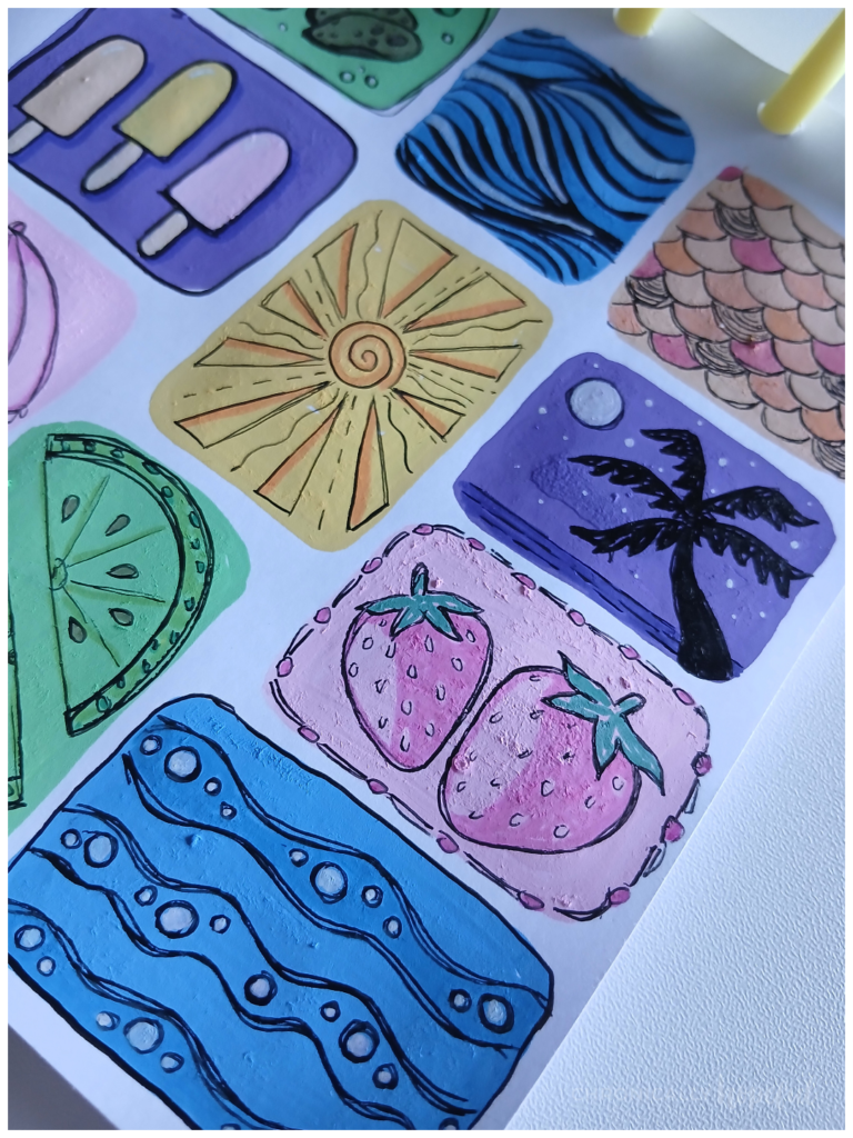 Seaside doodles on acrylic paint shapes
