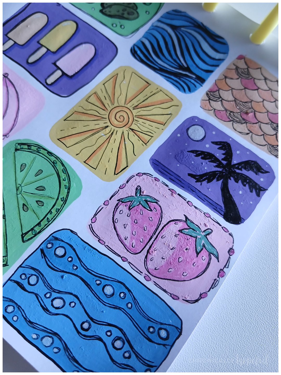 Seaside doodles on acrylic paint shapes