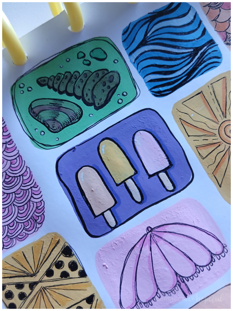Seaside doodles on acrylic paint shapes