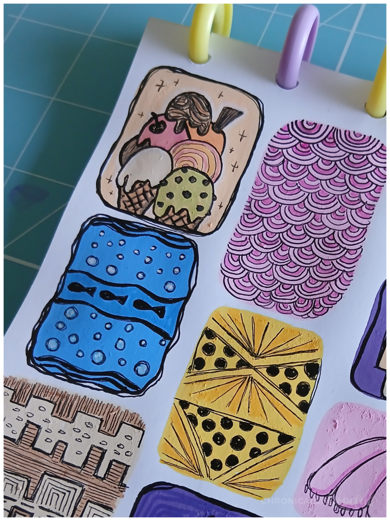 Seaside doodles on acrylic paint shapes