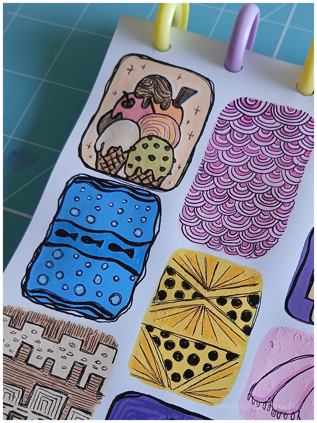 Seaside doodles on acrylic paint shapes