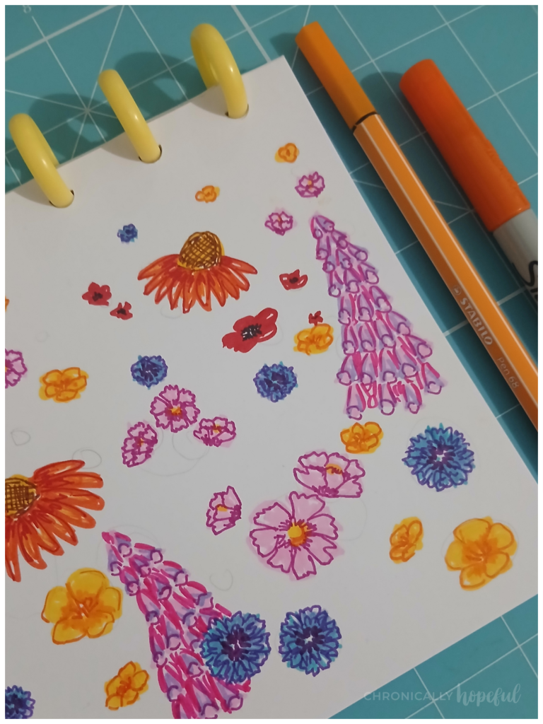 Summer blooms drawn with markers
